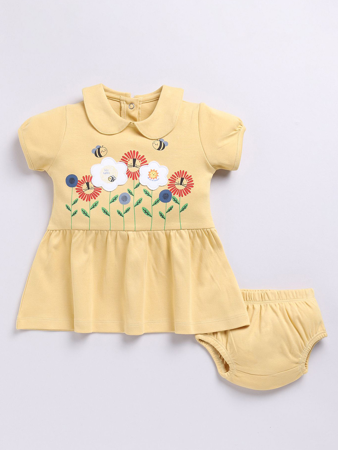 BABY GO Girls Floral Printed Peter Pan Collar Puff Sleeve Fit and Flare Dress With Brief