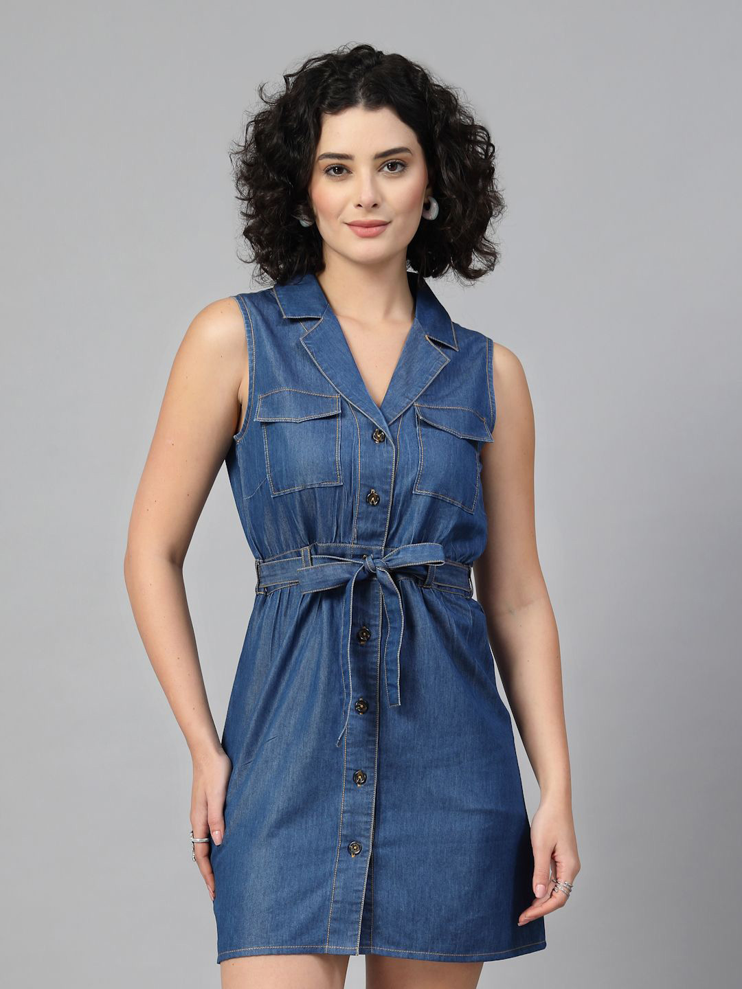 JEFF COOPER Denim Shirt  Dress With Lapel coller