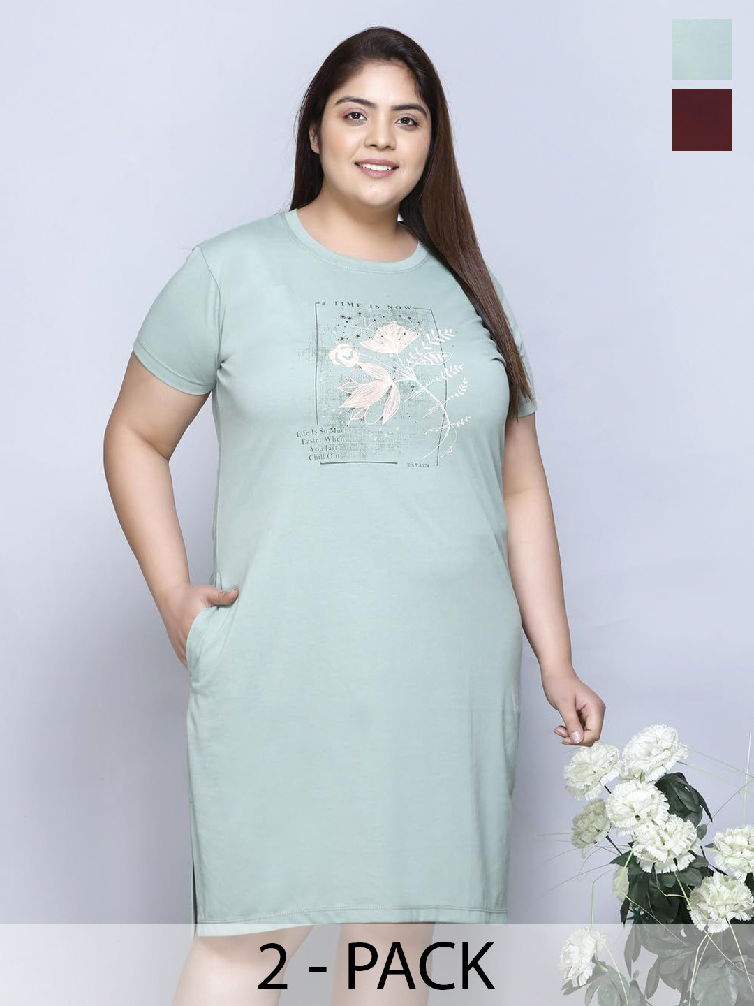 IN Love Pack of 2 Women Plus Size Printed Nighty Chemise