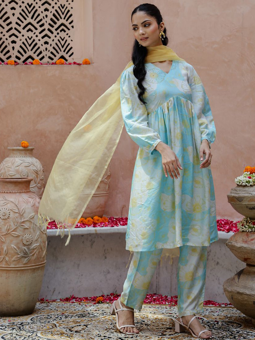Sangria Blue And Green Floral Printed V-Neck Empire Anarkali Kurta With Trousers & Dupatta