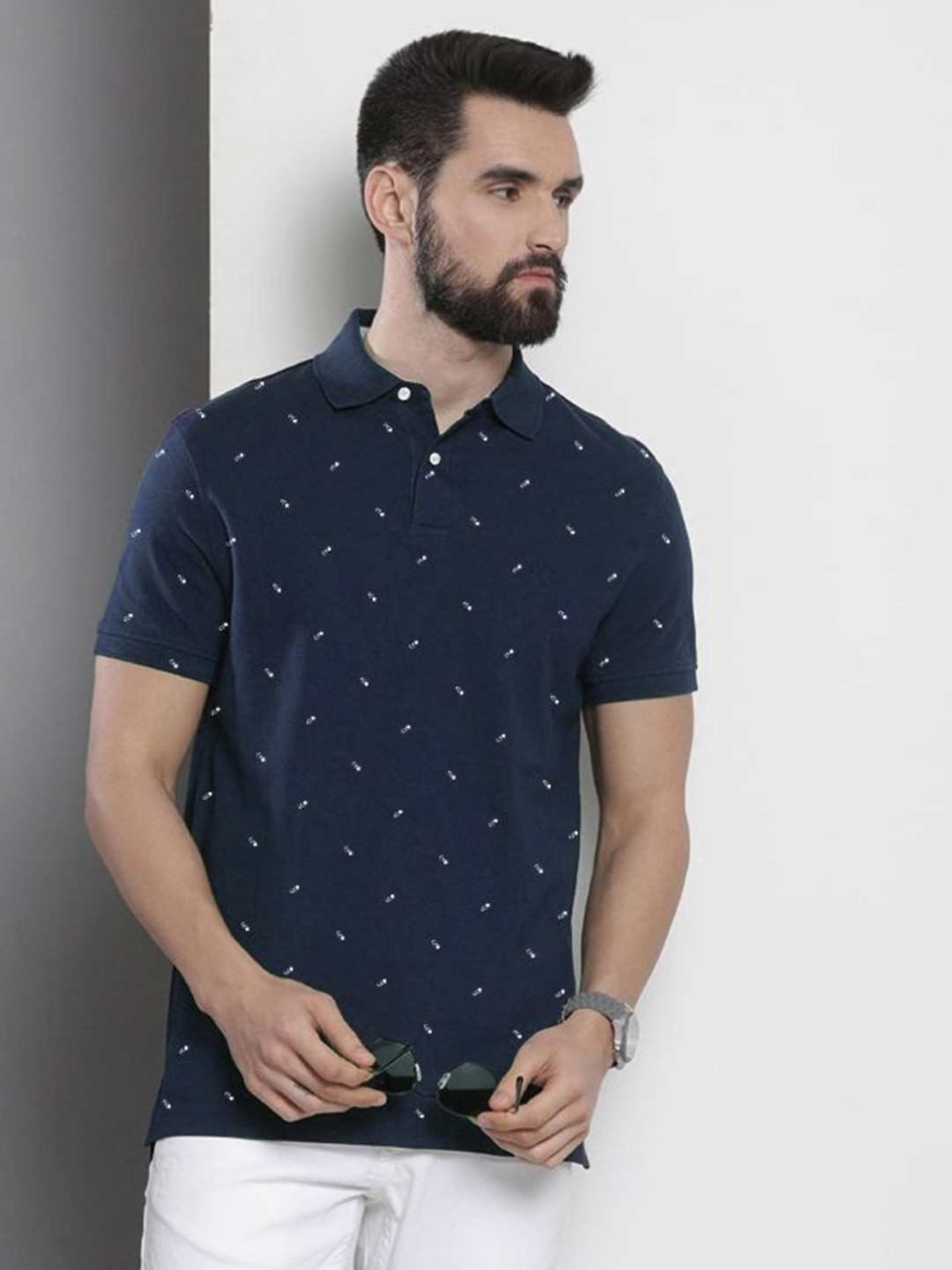 MERRIMENT Men Geometric Printed Polo Collar Cotton T-shirt