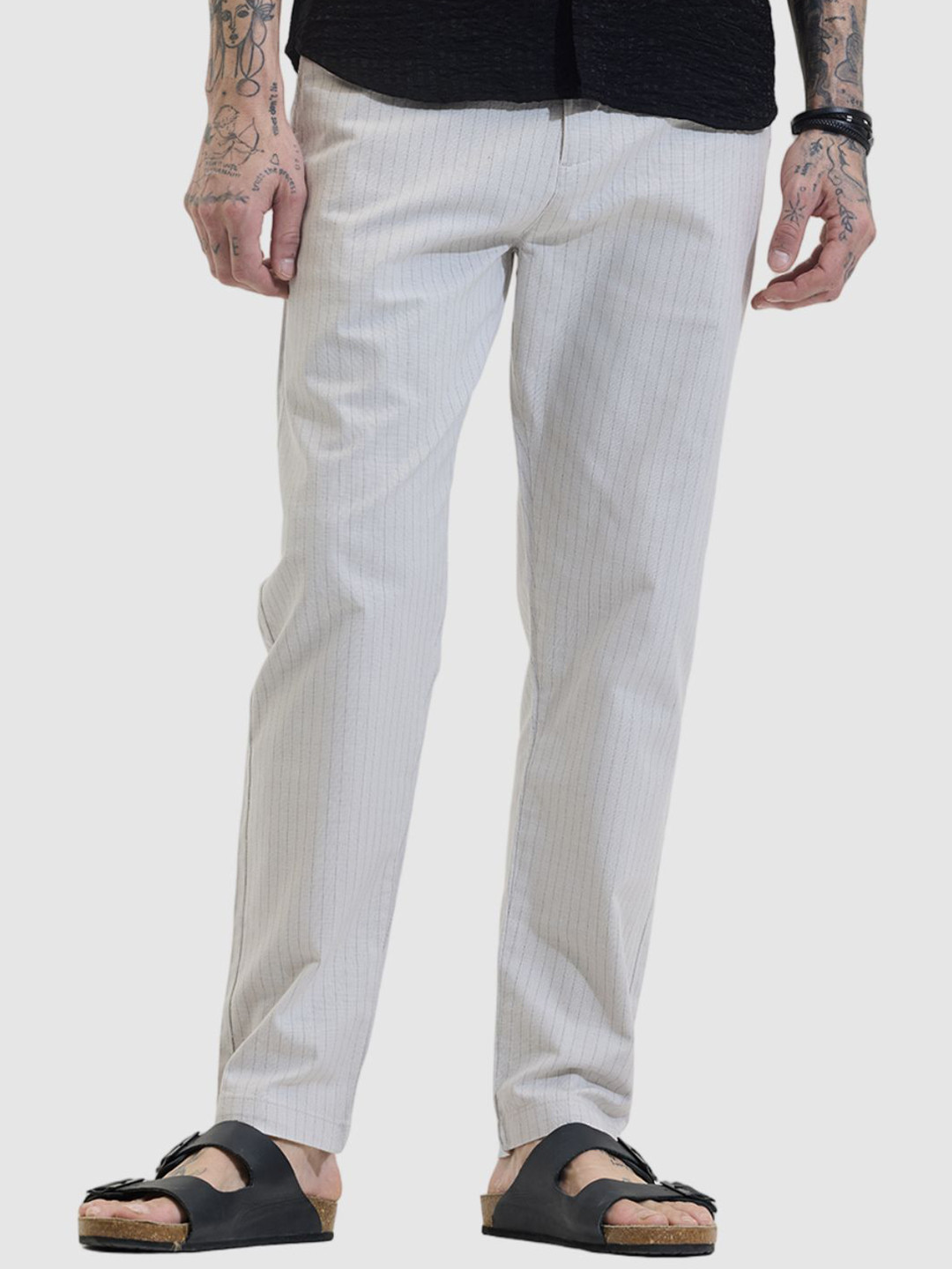 Snitch Men Off White Stripes Slim Fit Trousers