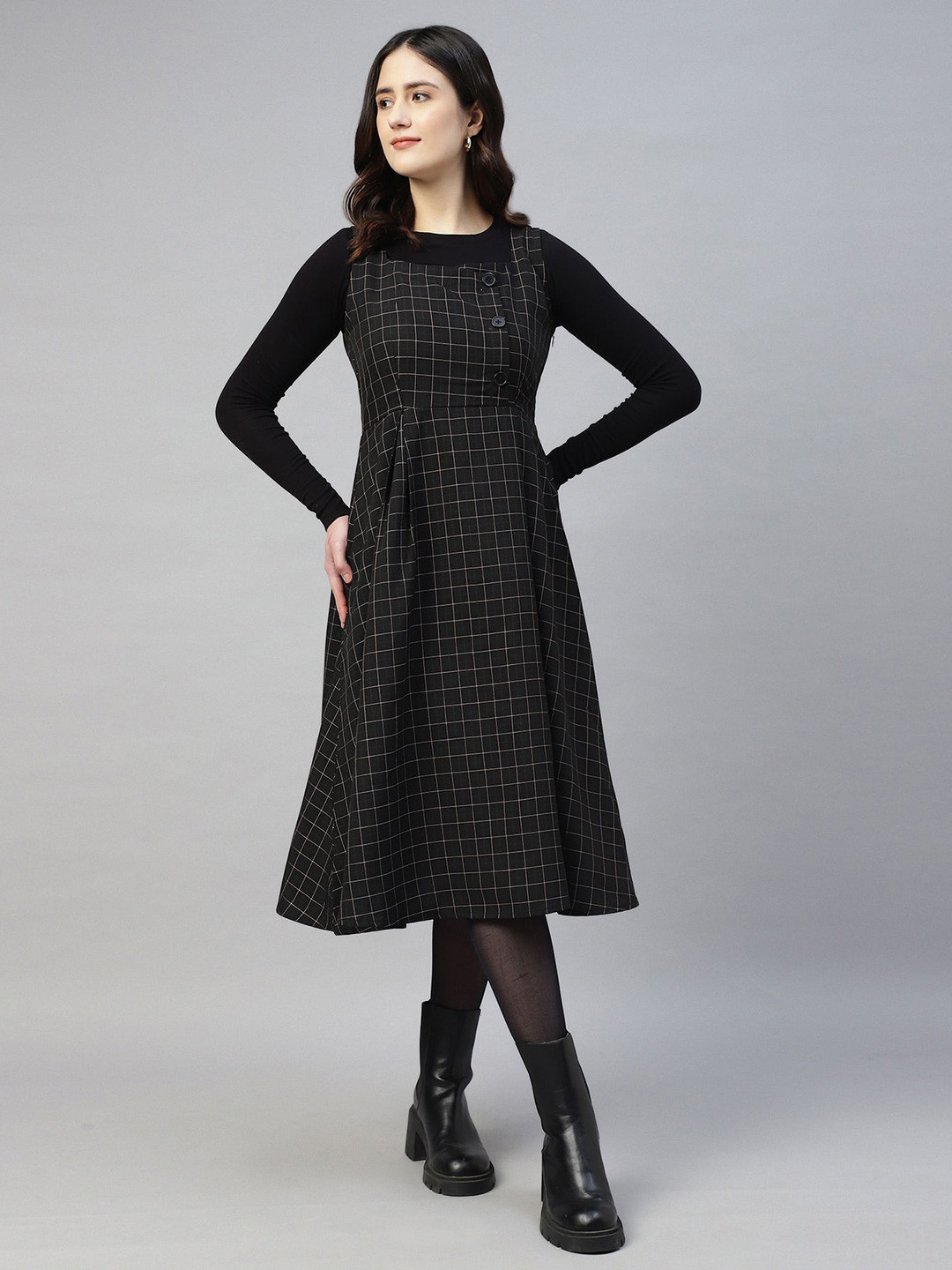 Sands of India Women Checked Pinafore Midi Dress