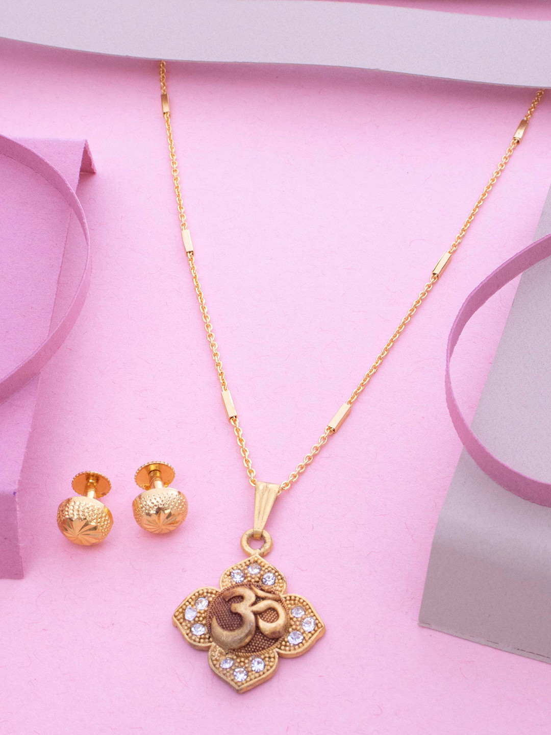 Ramdev Art Fashion Jwellery Gold-Plated Artificial Stone-Studded Om Pendant Jewellery Set