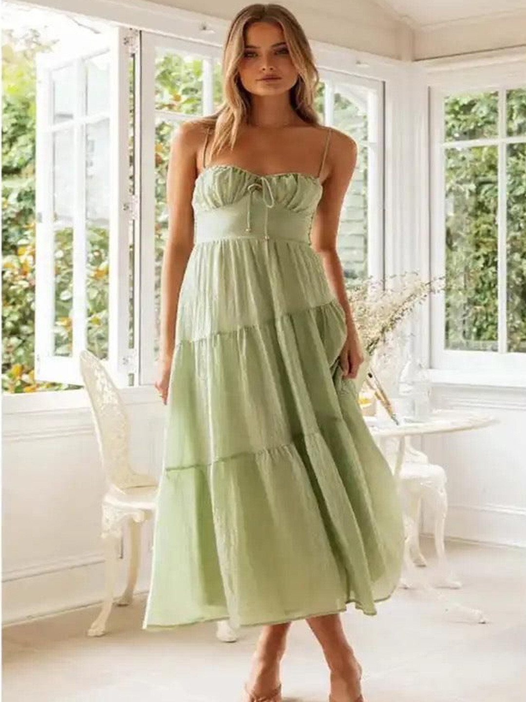 Miss Mosa By Akanksha  Women Green Bercie Summer Holiday Dress