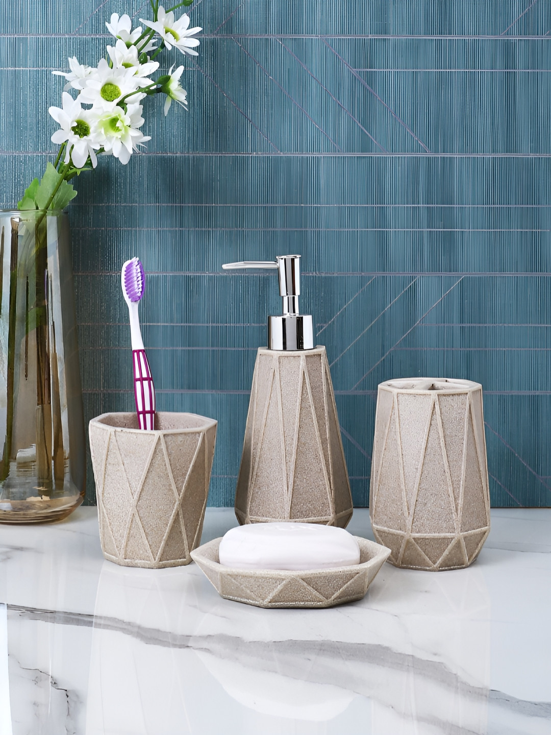 Myntra Elegant Homes Cream 4 Pieces Geometric Textured Resin Bath Accessories Set