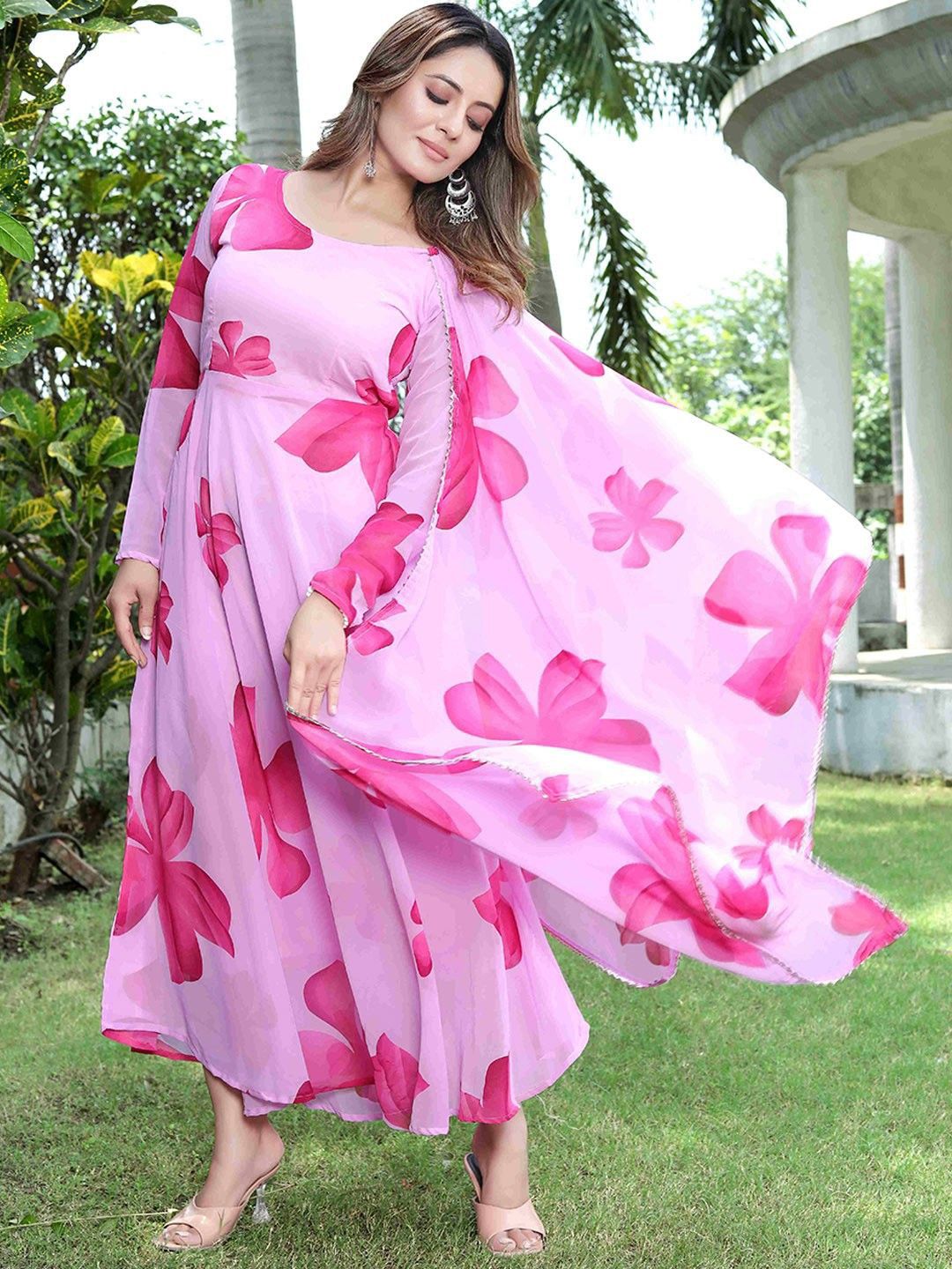 Raiyani Fashion Womens Fit & Flare Floral Printed Maxi Dress With Dupatta