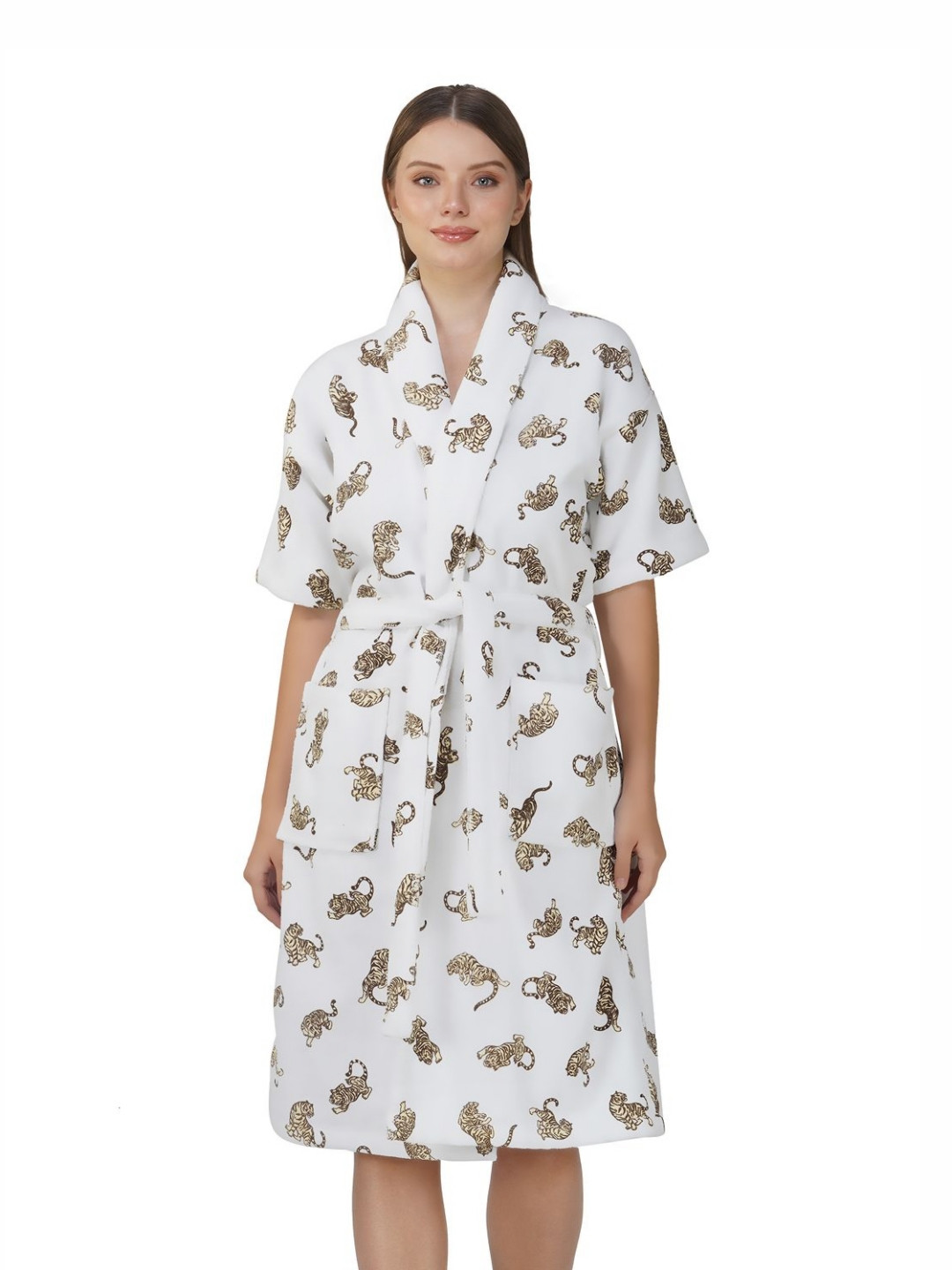 Myntra Elegant Homes Jaguar Beige Animal Print Cotton Drawstring Midi Bath Robe-L