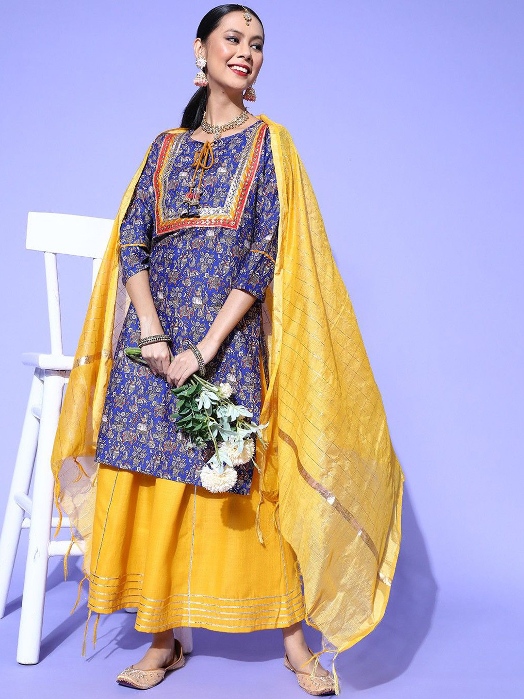 DIVASTRI Kalamkari Printed Round Neck Gotta Patti Straight Kurta With Skirt & Dupatta