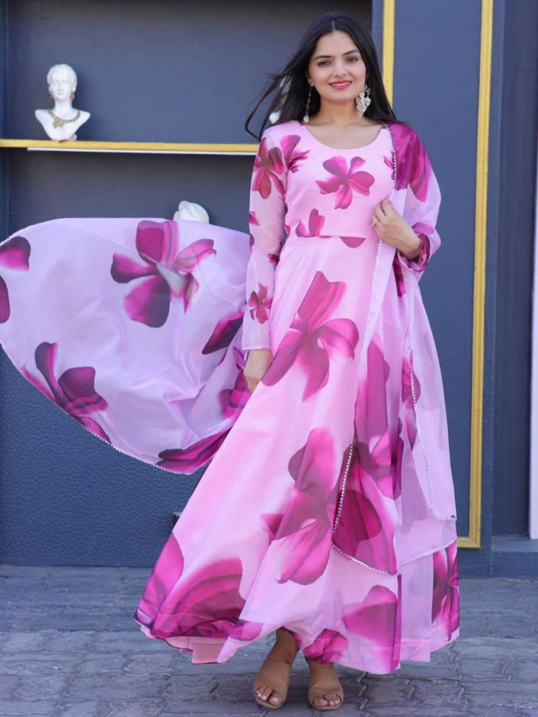 Jash Creation Women Floral Printed Fit & Flare Maxi Ethnic Dress with Dupatta