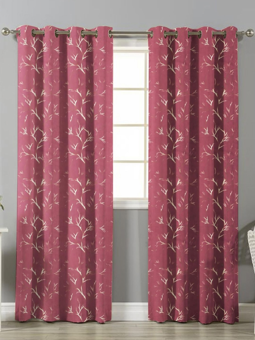 bsb home Pink 2 Pieces Floral Printed Semi Room Darking Window Curtain