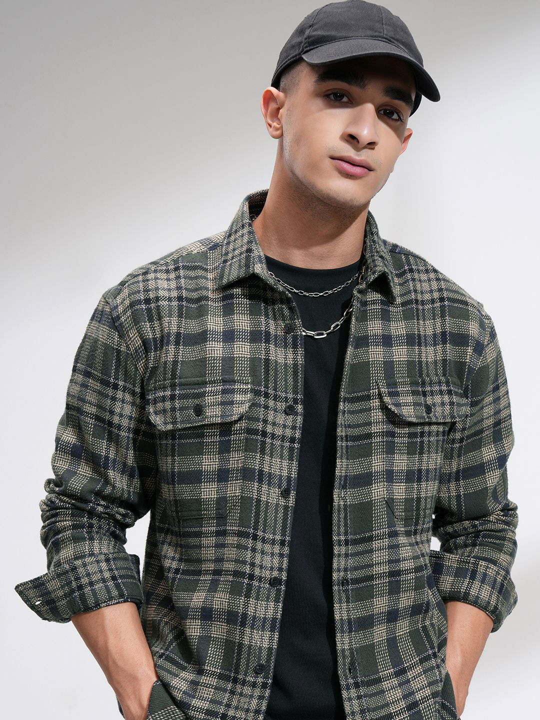 HIGHLANDER Men Relaxed Fit Spread Collar Checked Cotton Flannel Shacket