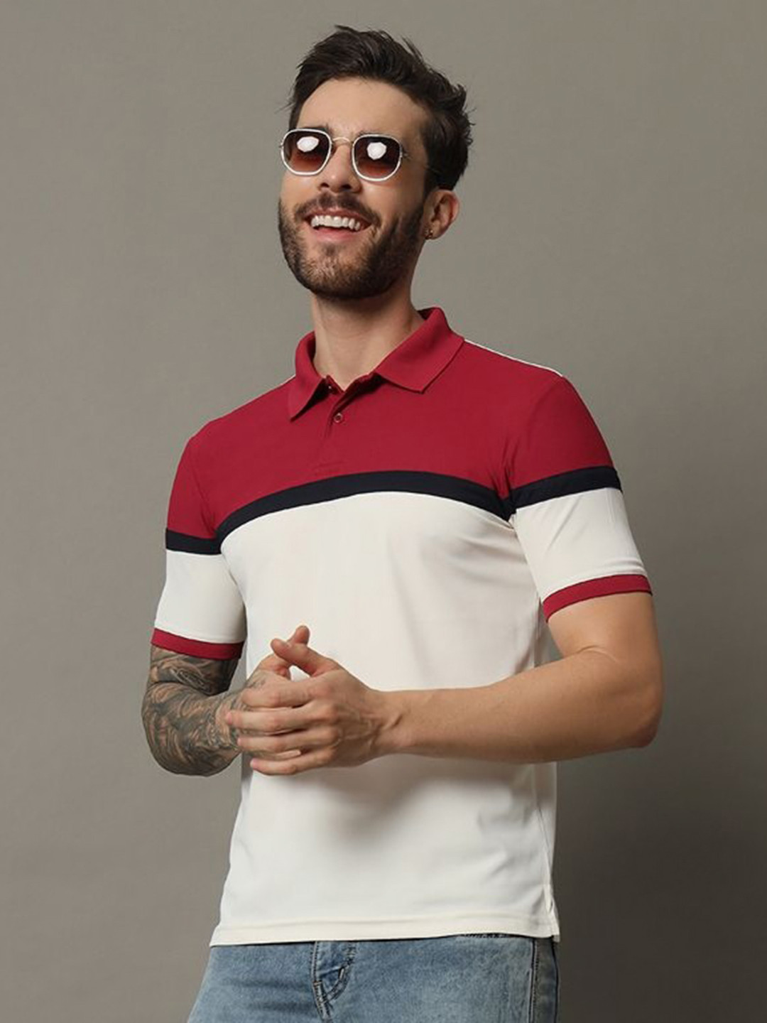 RENUOVO Men Colourblocked Polo Collar Cotton T-shirt