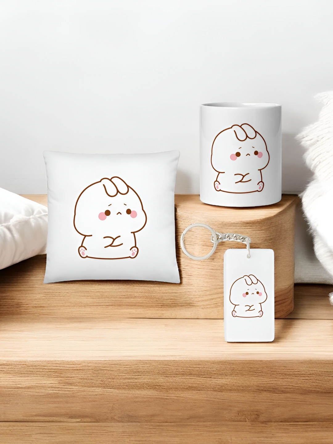 Anikmart 3-Pieces White & Brown Printed Cushion With Mug And Key Chain