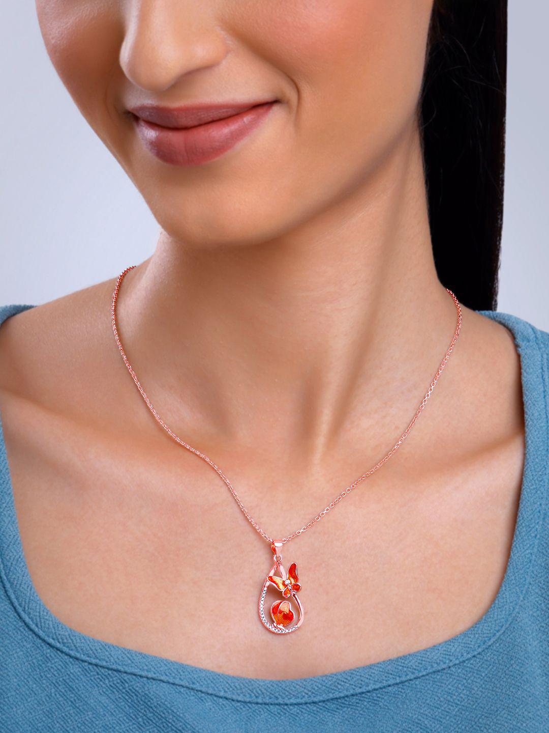 GIVA 925 Silver Rose Gold-Plated Flutterdrop Shaped Pendant with Chain