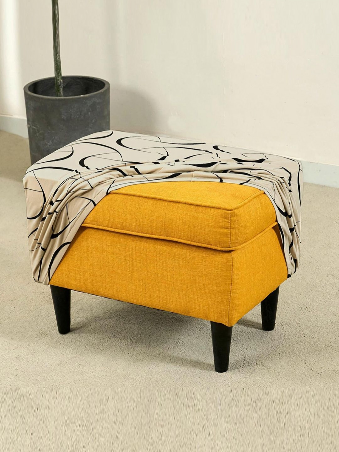 HOKIPO Beige Abstract Printed 140 GSM Stretchable Foot Stool Cover