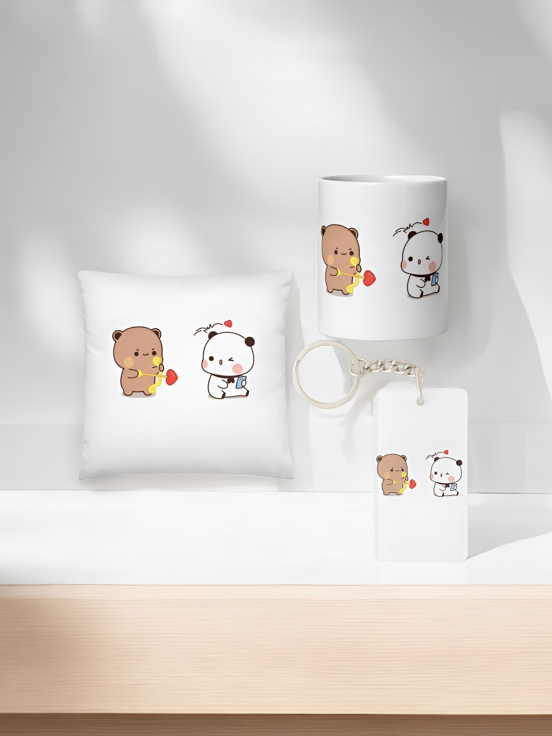 Anikmart 3-Pieces White & Brown Printed Cushion With Mug And Key Chain