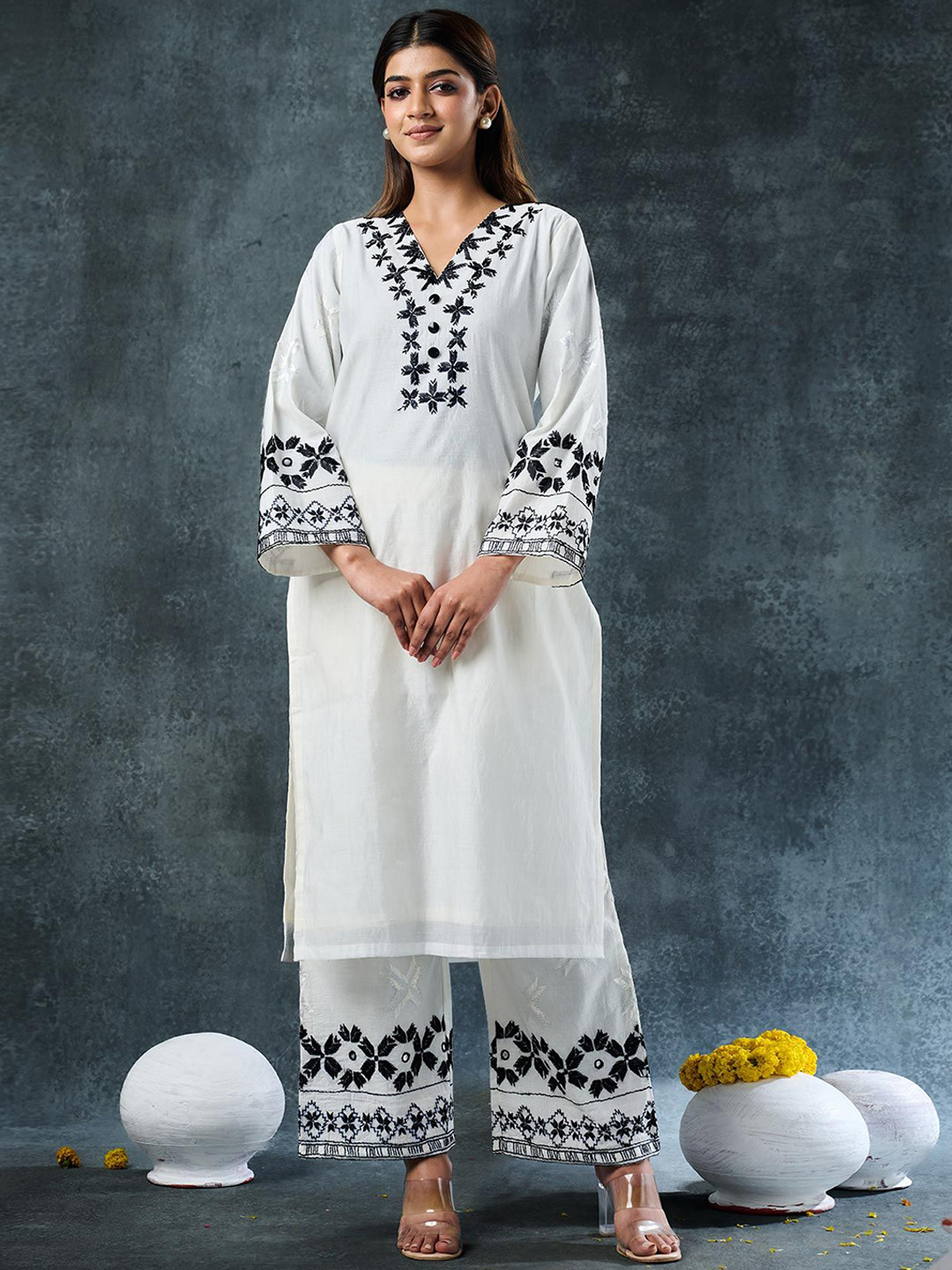 Phulkari Forever Geometric Embroidered Pure Chanderi Straight Kurta With Trousers