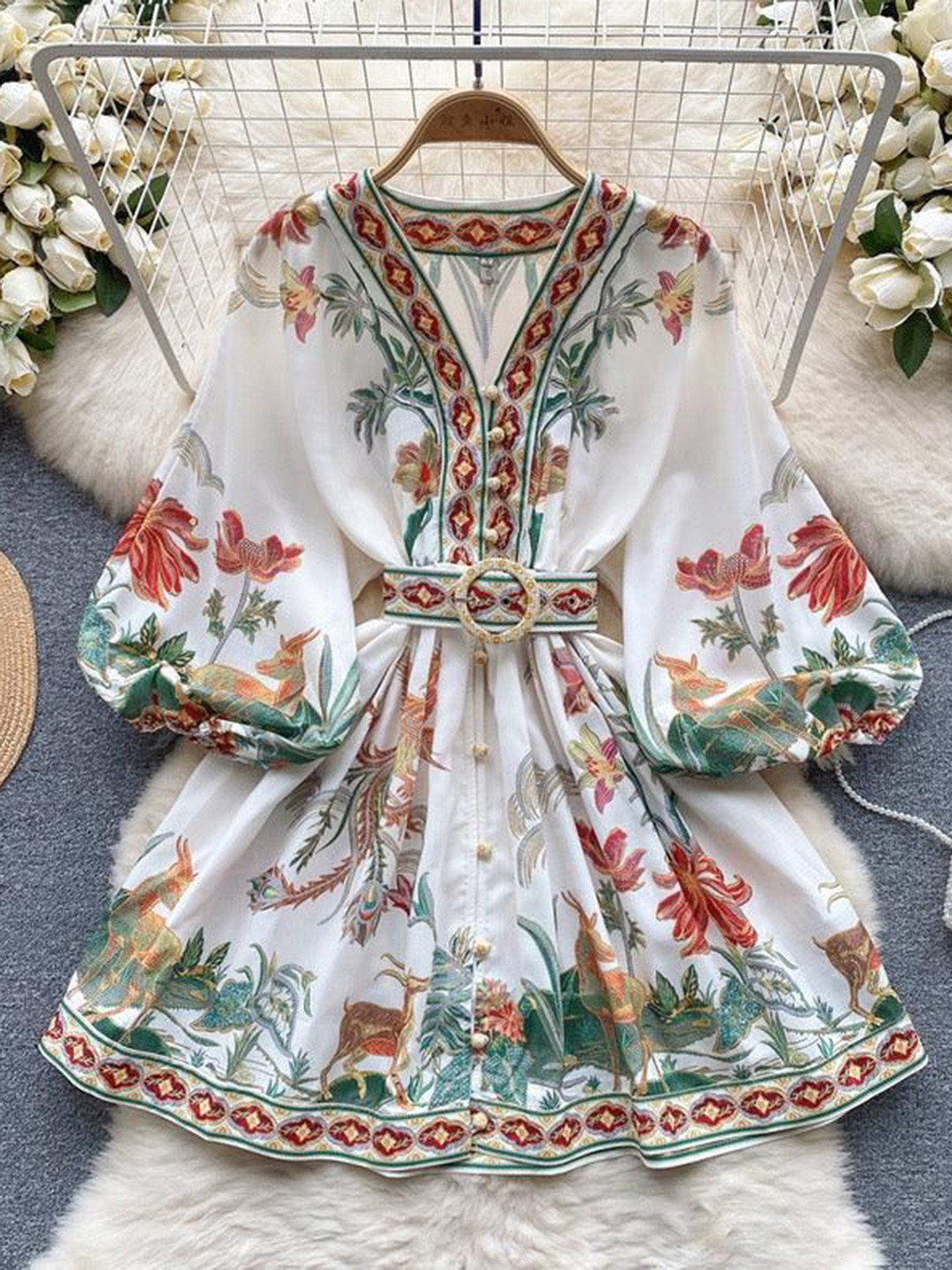 Miss Mosa By Akanksha  Multi Tropical Vintage Dress with Belt