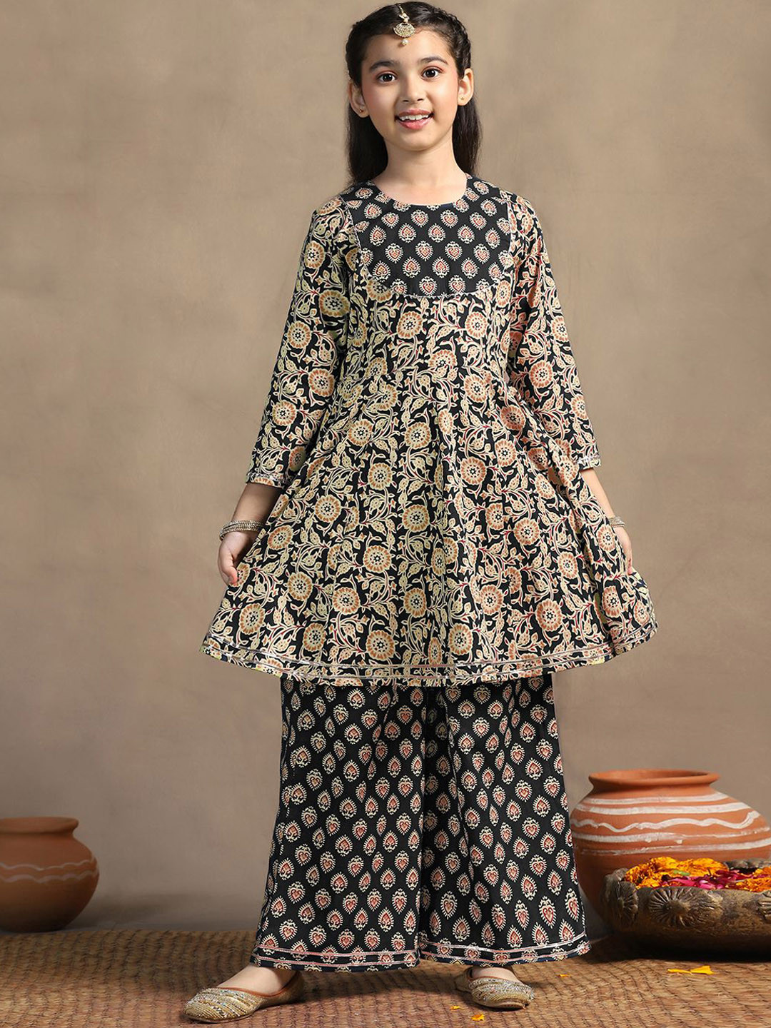 Sangria Girls Black Floral Printed Round Neck Gotta Patti Peplum Kurta And Palazzo