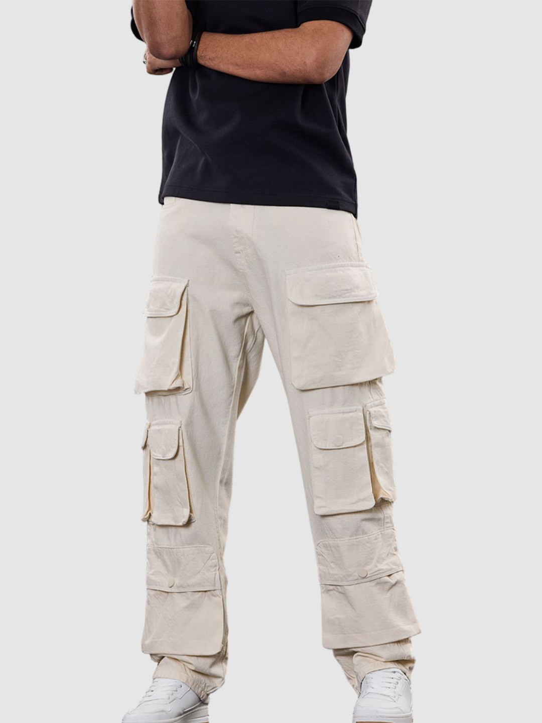 Snitch Men Cream Plain Baggy Fit Jeans