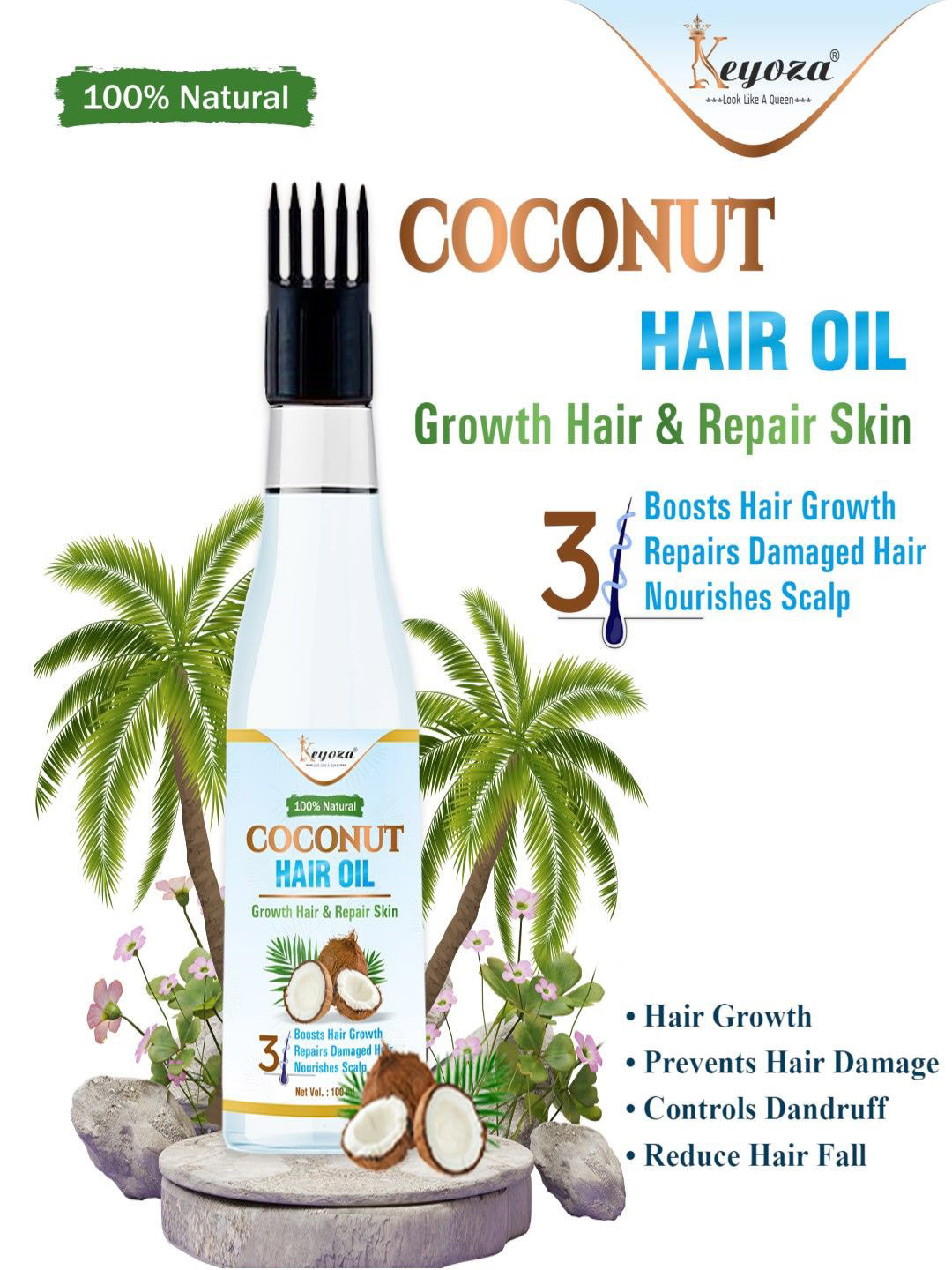 KEYOZA 100% Natural Coconut Hair Oil With Almond & Neem - 100 ml