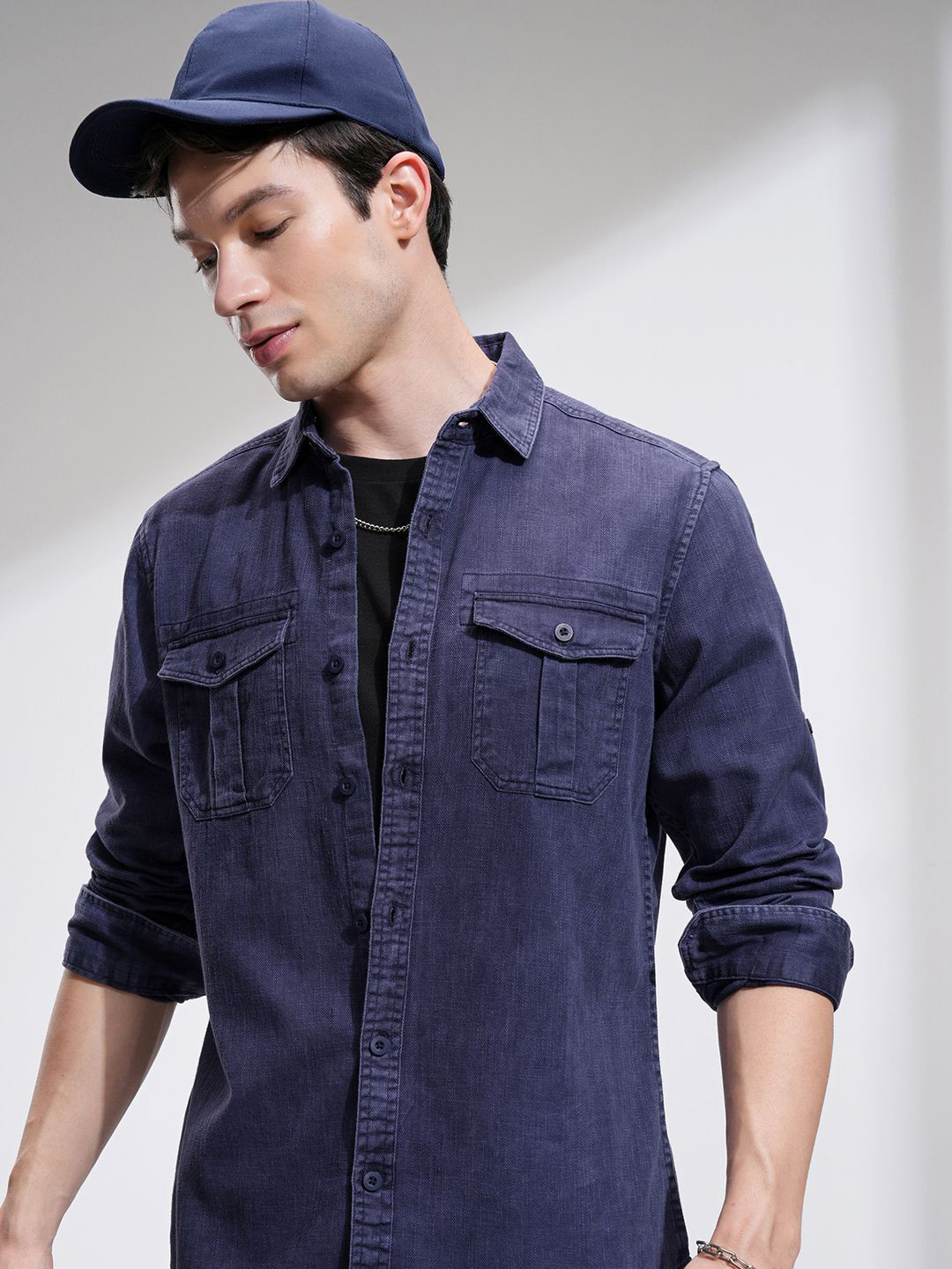 HIGHLANDER Men Sulphur Washed Roll-Up Sleeve Utility Pocket Casual Shirt