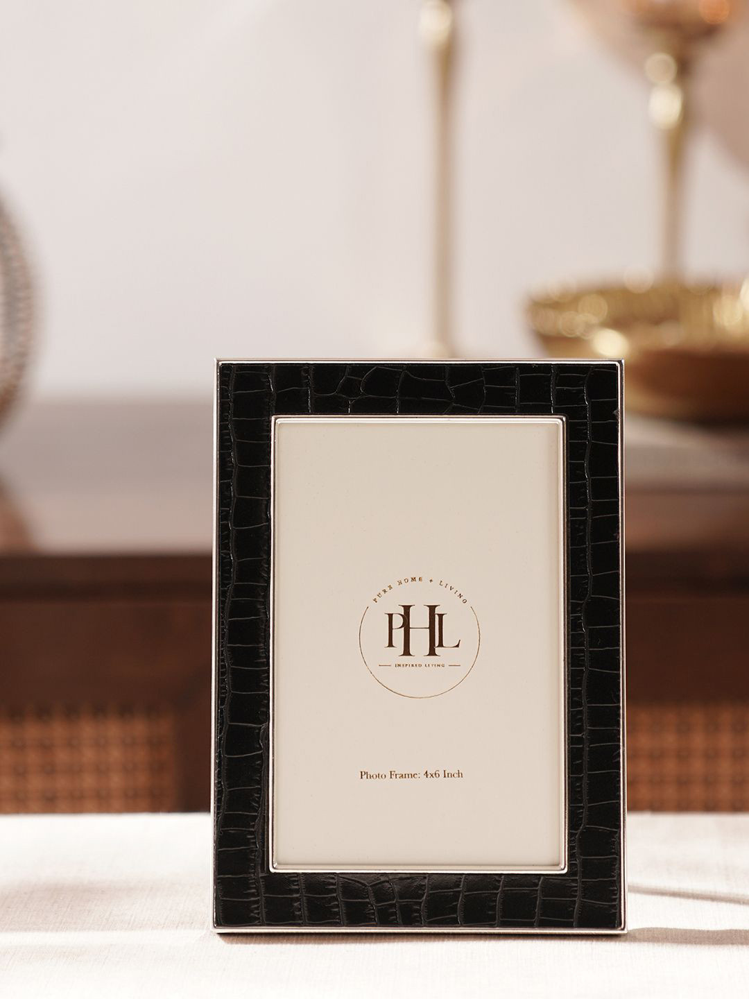 Pure Home and Living Croco Faux Leather Silver-Toned & Black Glass Table Photo Frame