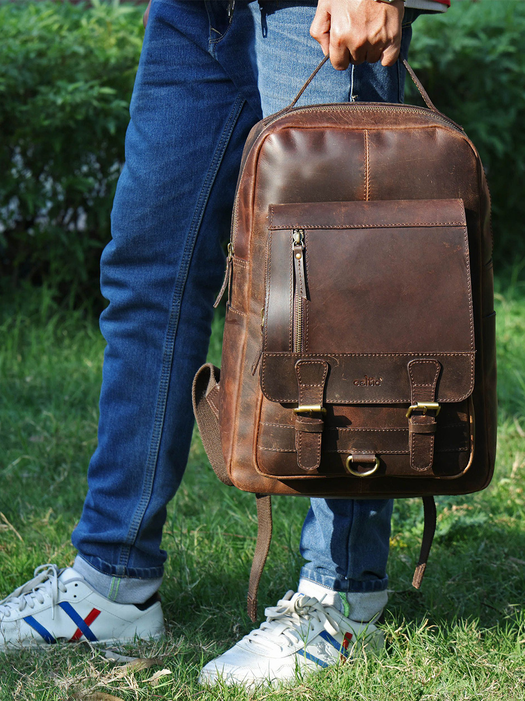 Celtic Unisex FullGrain Leather Backpack Bag YokeStyle Design with Zip Pocket