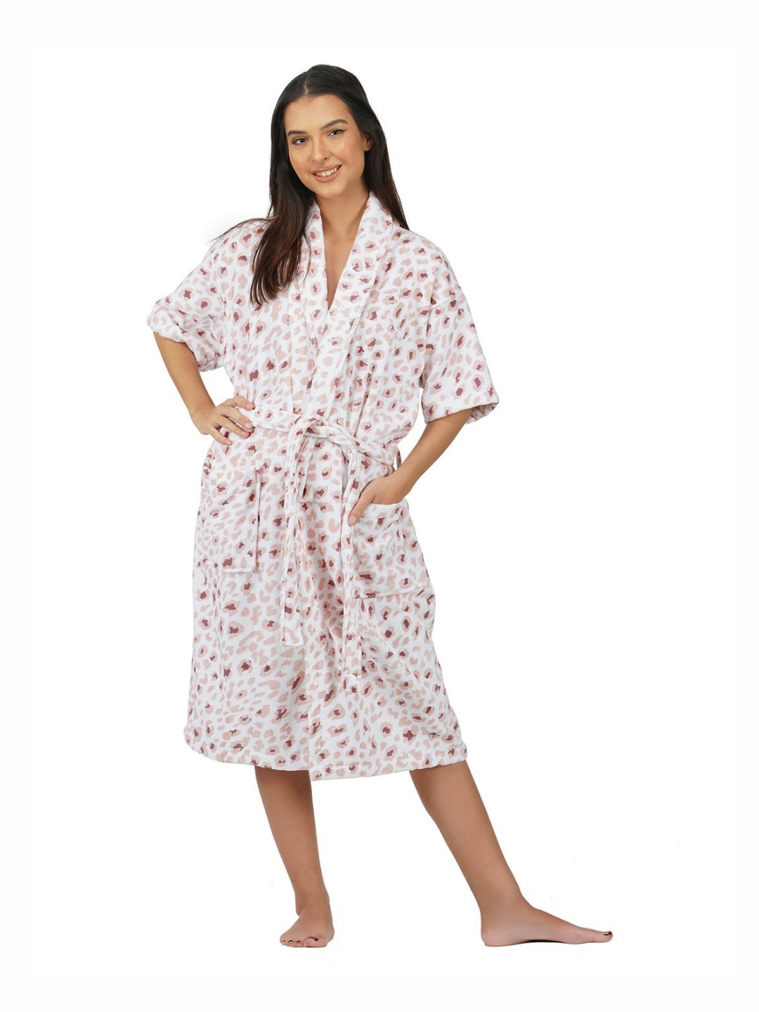 Myntra Elegant Homes Leopard Purple Animal Print Cotton Drawstring Midi Bath Robe-L