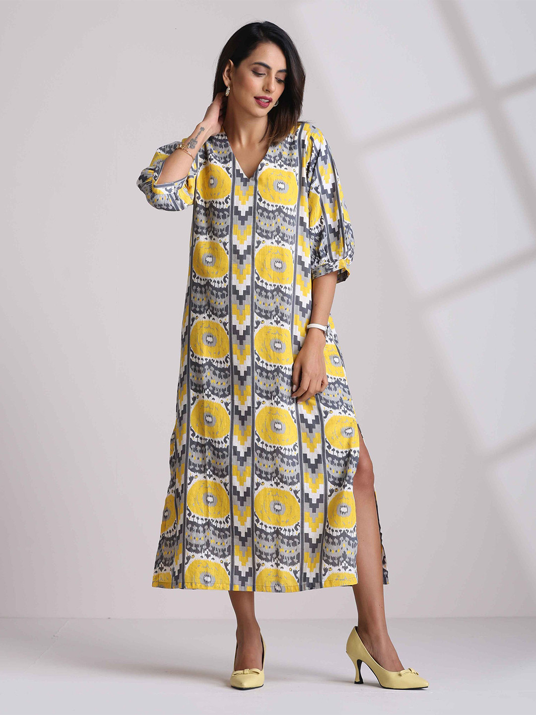 trueBrowns Women Yellow Cotton Ikat Slit Dress