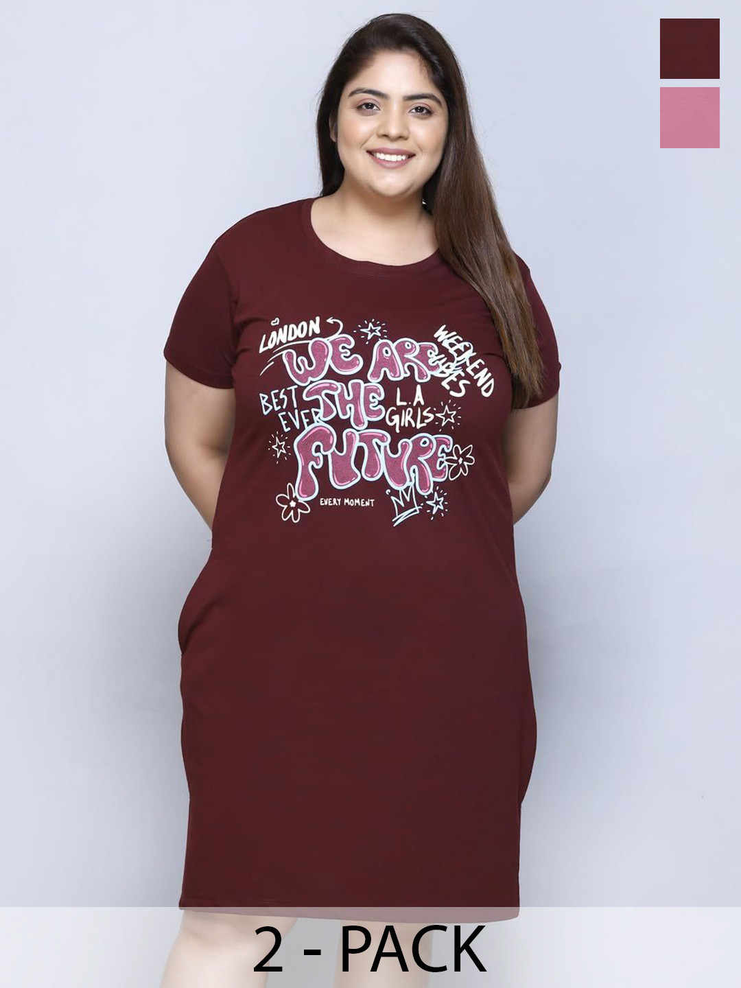 IN Love Women Pack of 2 Plus Size Graphic Printed T-shirt Nightdress