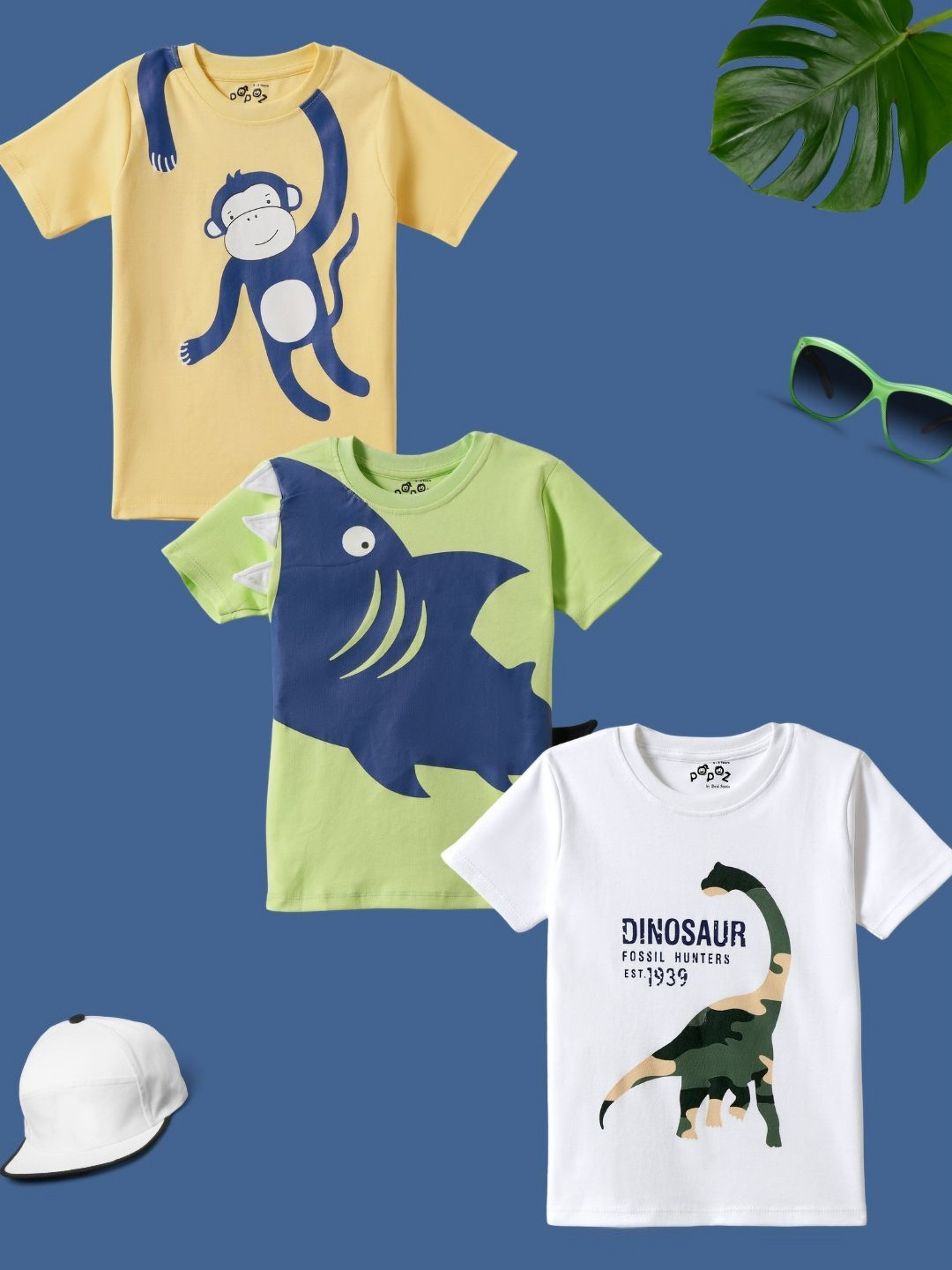 Desi Soota Kids Pack Of 3 Monkey Dino Shark Printed Round Neck Cotton T-shirts