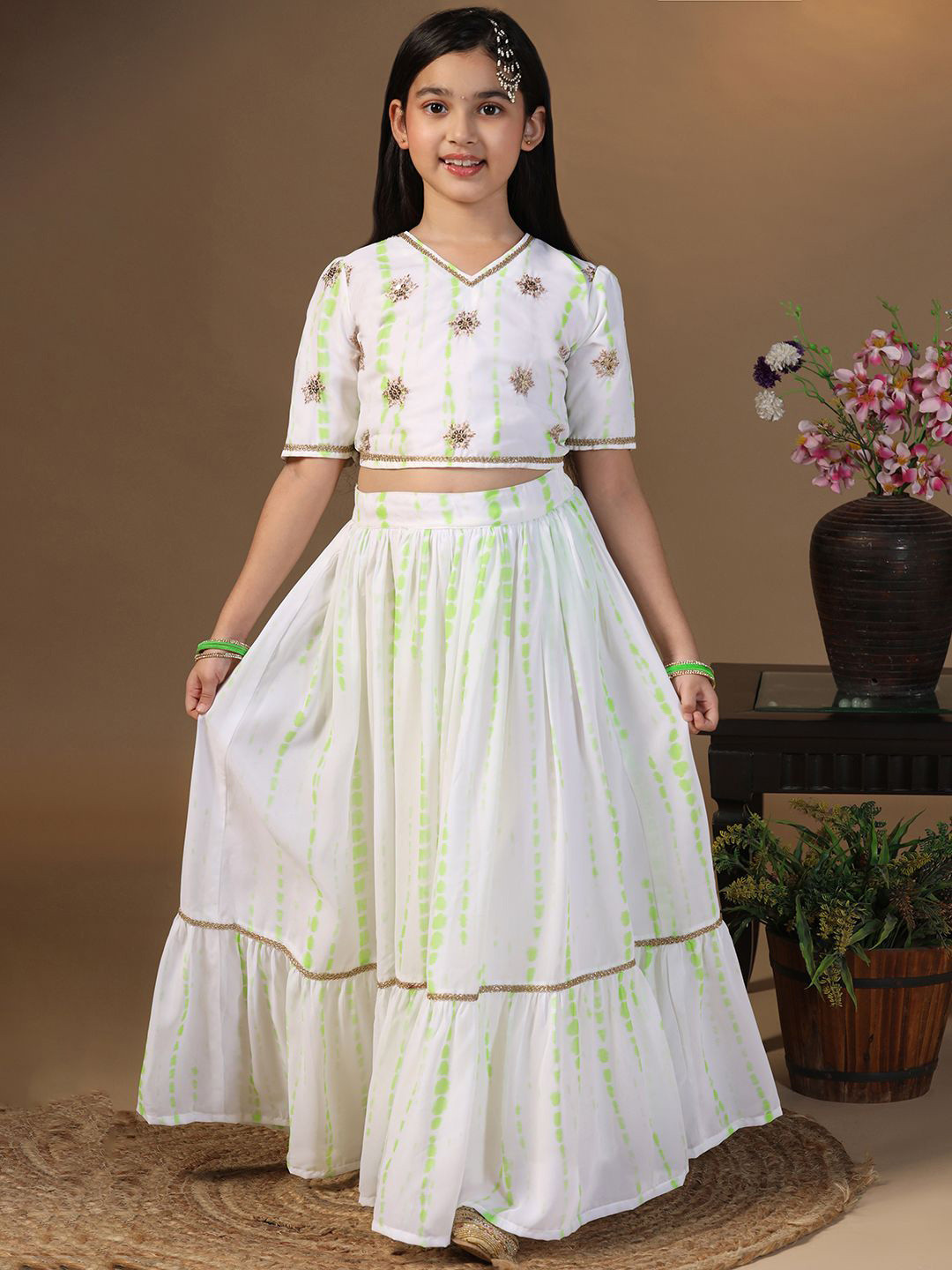 Sangria Girls Printed V Neck Lehenga Choli With Dupatta