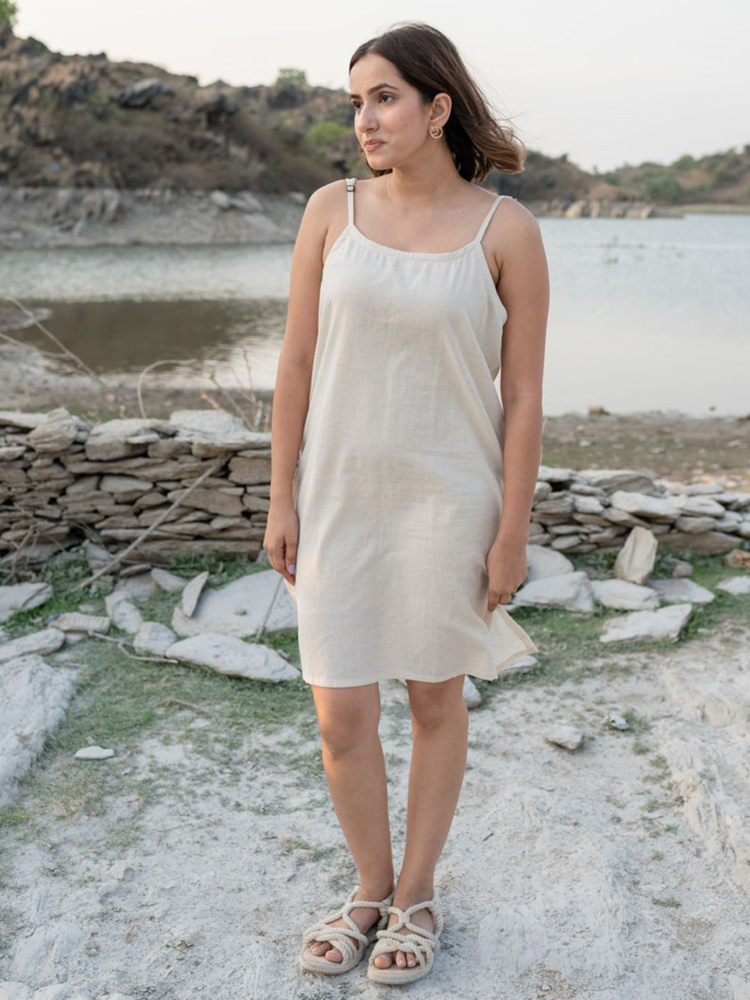 Babli Shoulder Straps Ivory Cream Slip A-Line Dress