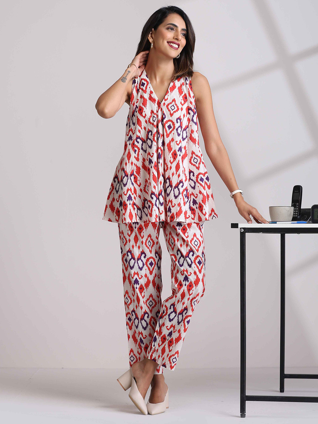 trueBrowns Carrot Pure Cotton Ikat Printed Flared Co-ord Set