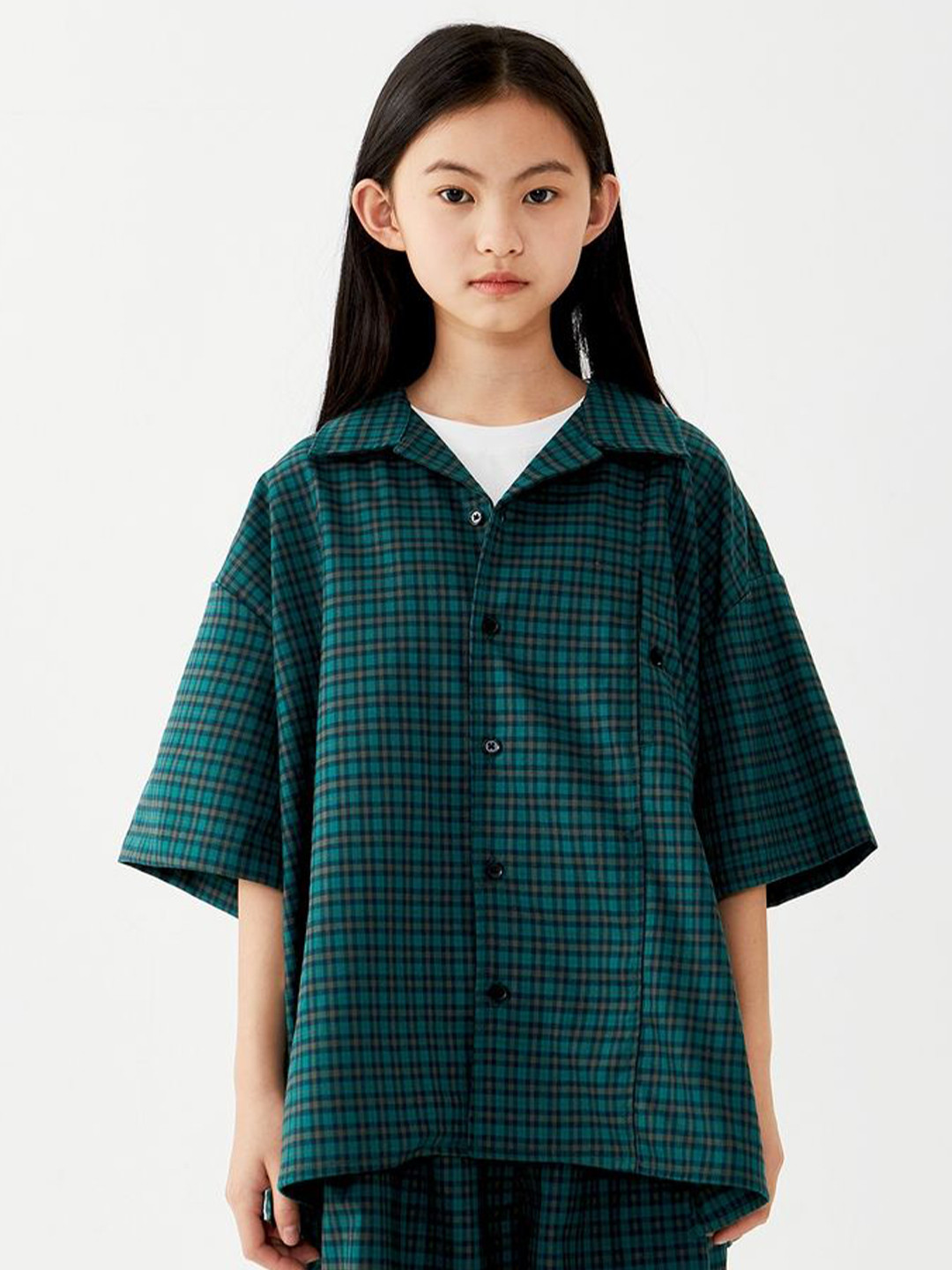LULU & SKY Girls Oversized Fit Spread Collar Grid Tattersall Checked Casual Shirt