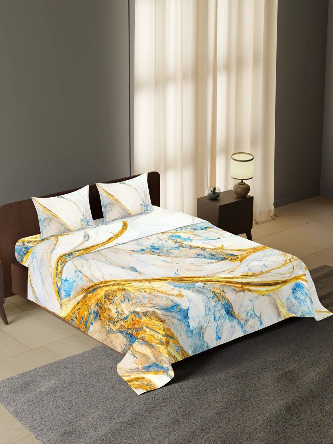 Synergized Cotton Azure White & Blue Printed 300 TC King Bedsheet Set-2.74 m x 2.74 m