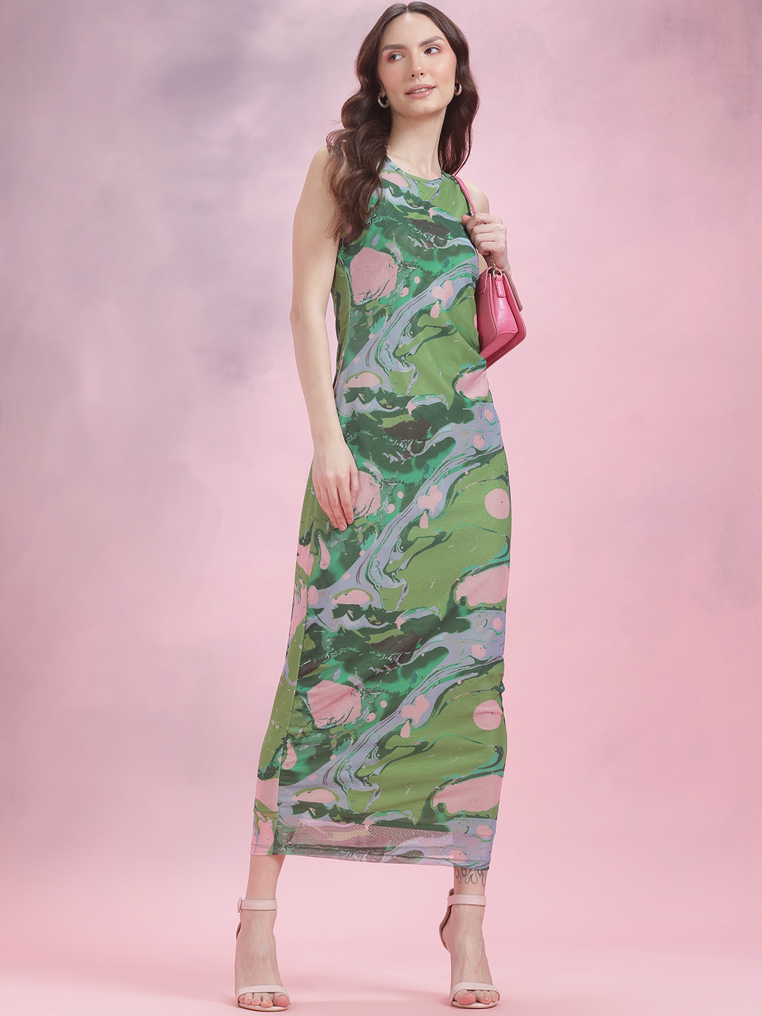DressBerry Ruched Printed Mesh Maxi Dress