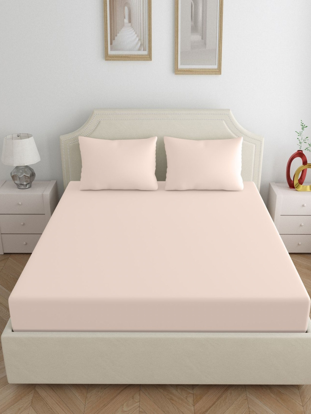Aura Peach Polycotton 300 TC King Fine Bedsheet with 2 Pillow Covers-60 x 90 inches