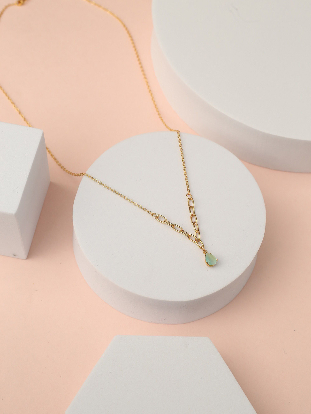 Zabby Allen Gold-Plated Artificial Stones Studded Teardrop Shaped Pendant Chain