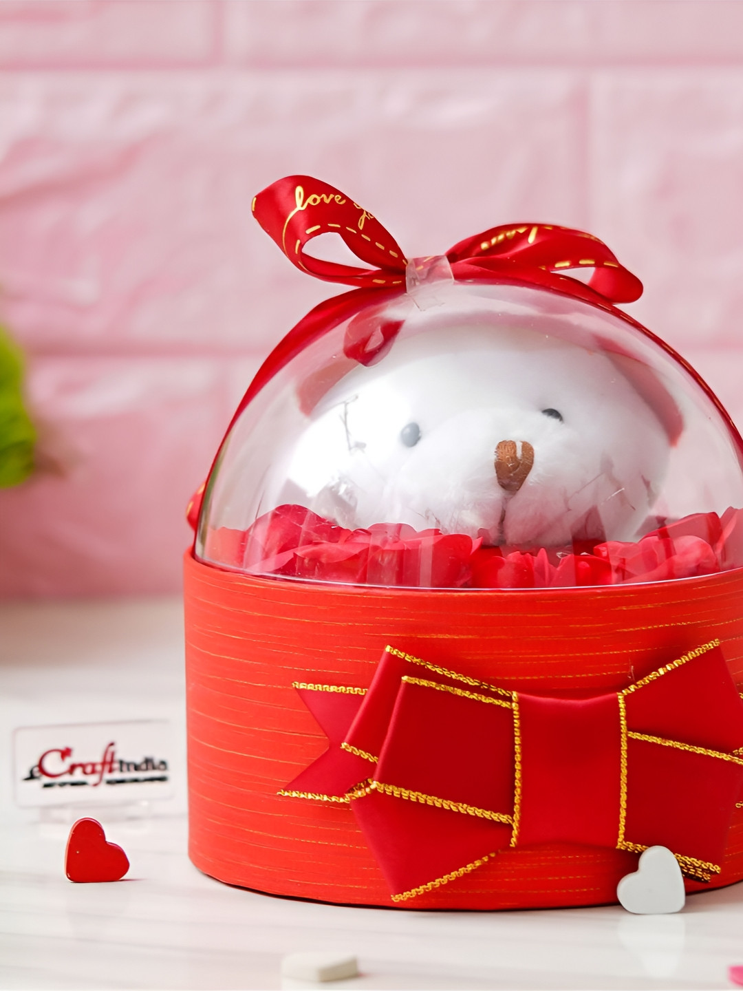 eCraftIndia Red & White Valentine Gift Box With Teddy & Flowers
