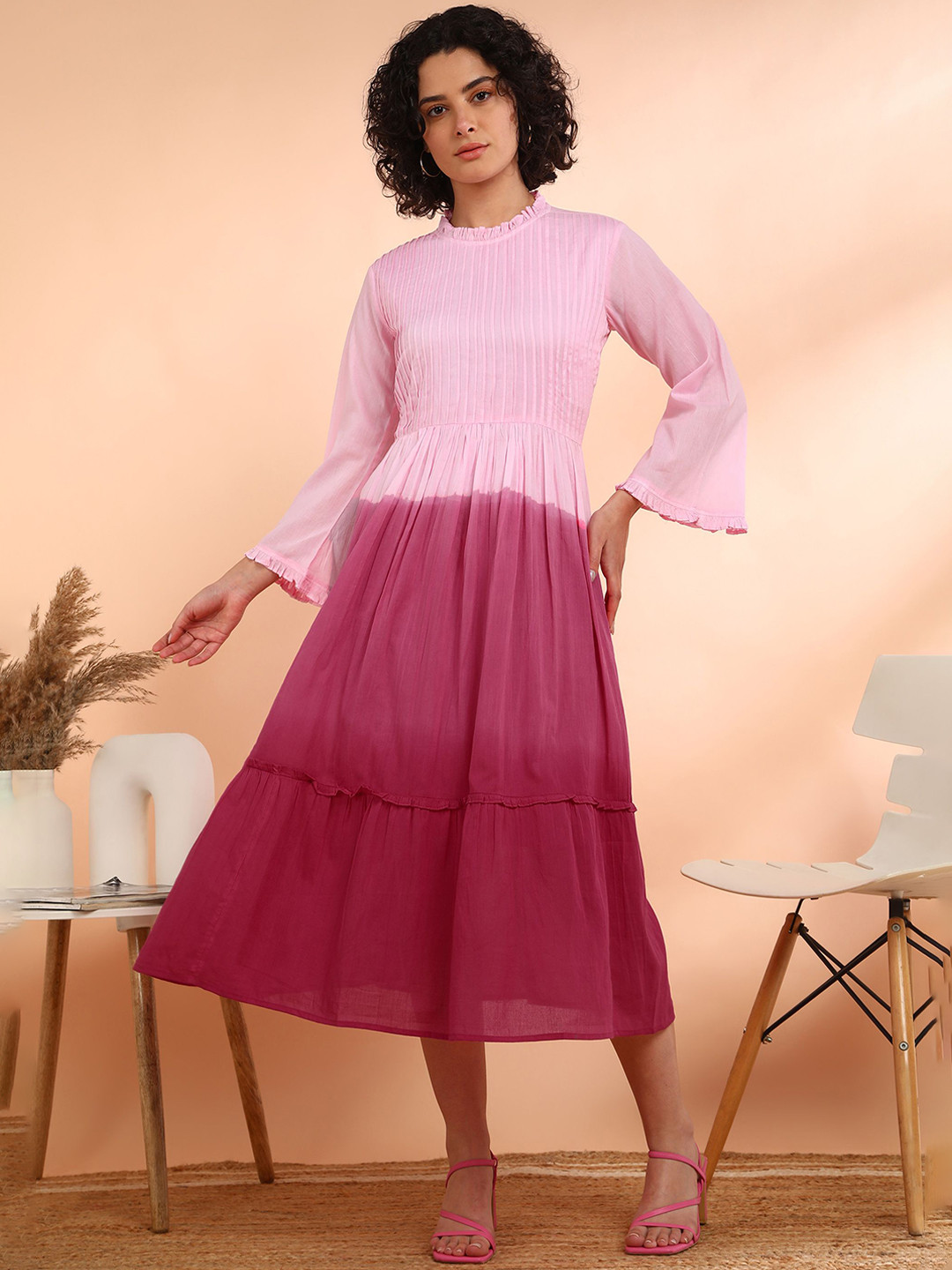 Maaesa Women Self Design Cotton Blend Flared Red Dress