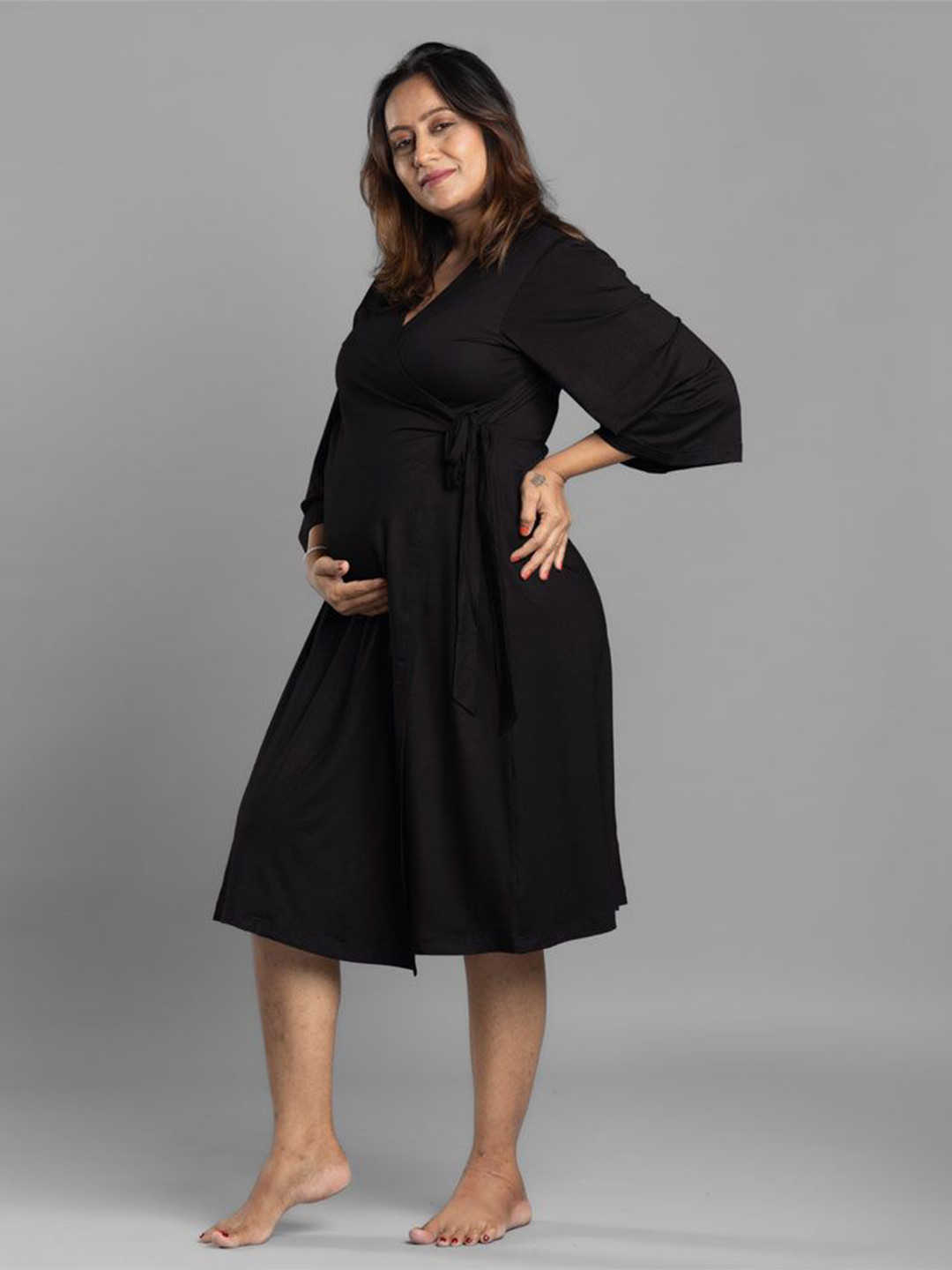 Block Hop Women Maternity Black Wrap Gown Dress