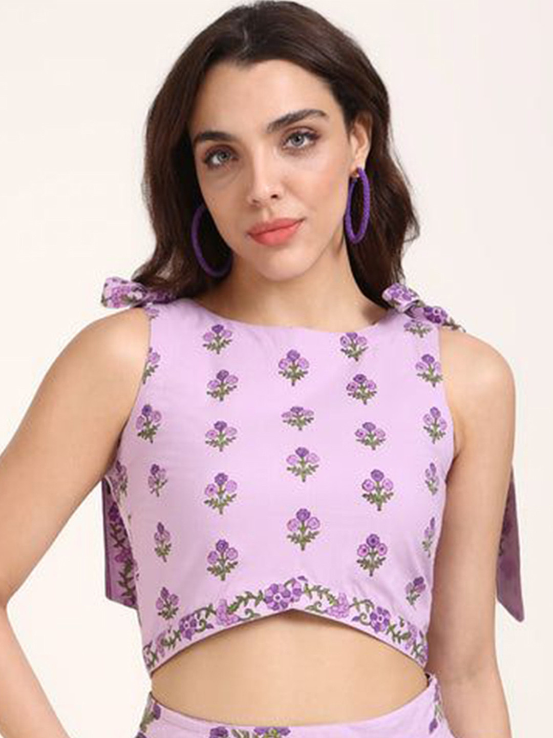 Virgio Pure Cotton Long Tie Up Block Print Crop Top