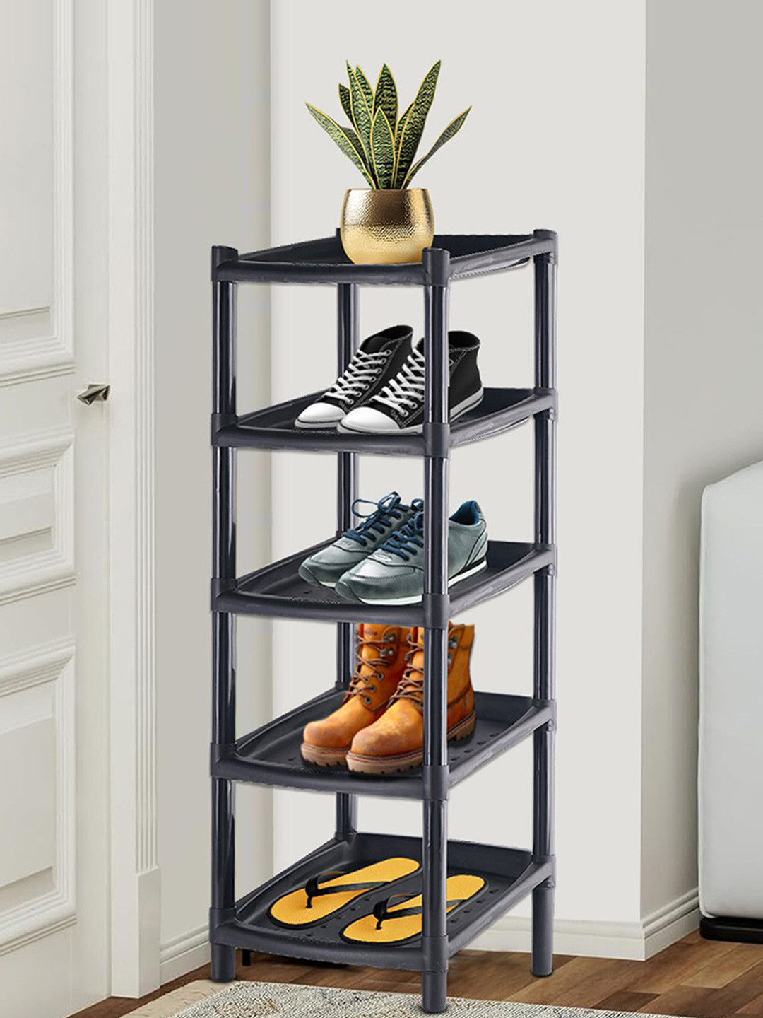 Kuber Industries Black 5-Tier Collapsible Slipper Stand & Shoes Rack