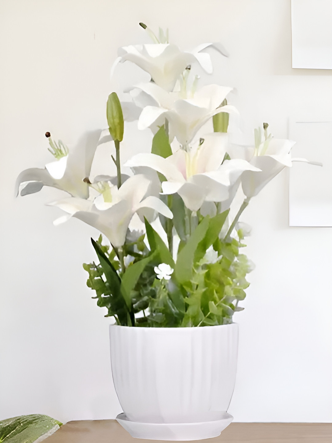 Royaloak White Nine Heads Lily Artificial Flower With Pot