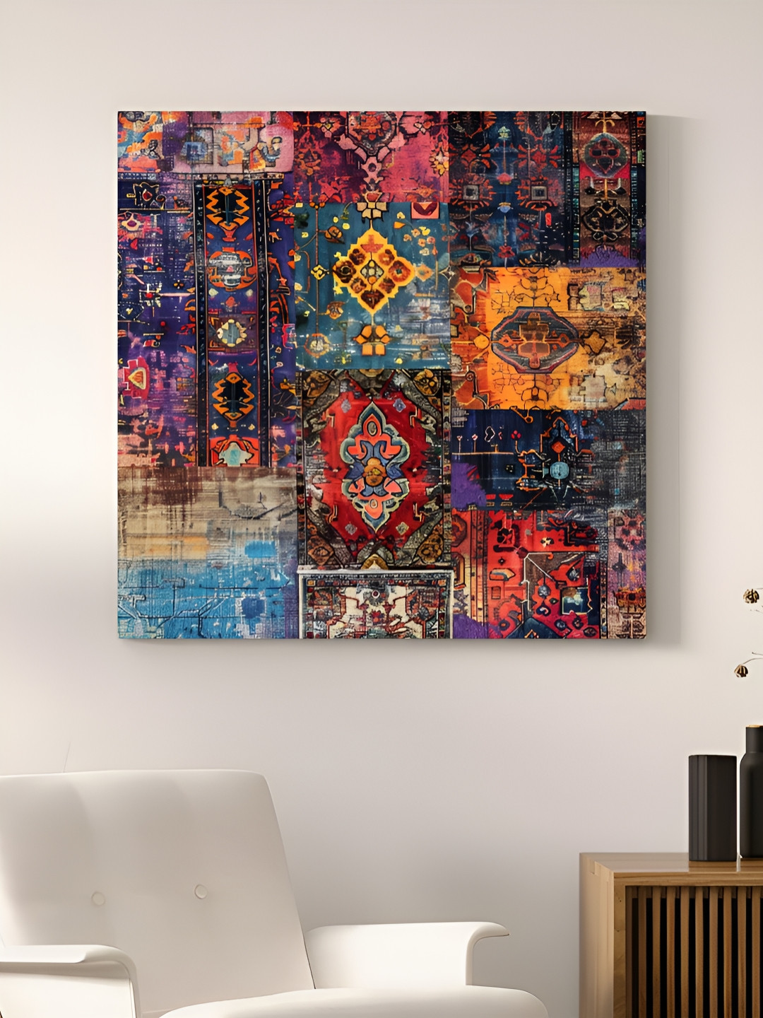 Art Street Blue And Mustard Streched Colourful Abstract Printed Canvas Wall Art