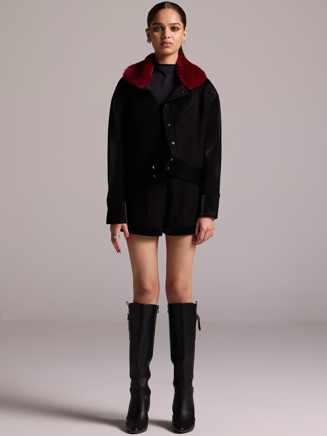 The Dapper Lady Women Spread Collar Solid Leather Casual Parka Jacket