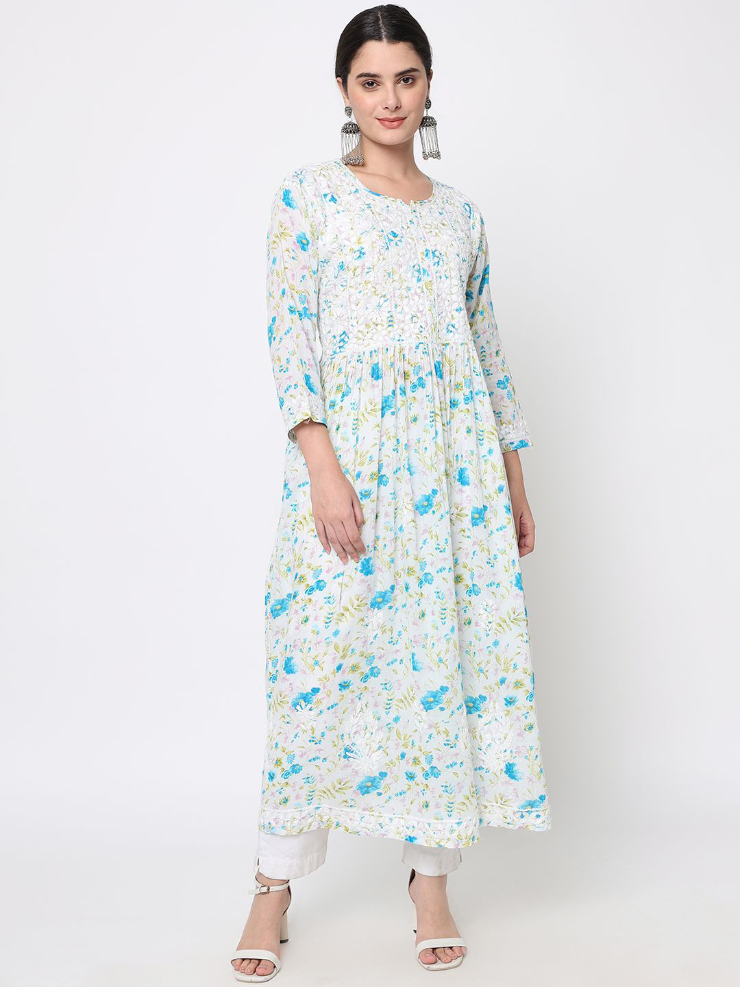PARAMOUNT CHIKAN Floral Printed Notch Neck Chikankari Anarkali Kurta